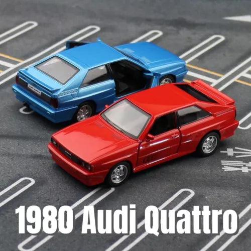 Diecast Audi Quattro toy car set: red and blue pull-back mini models on track