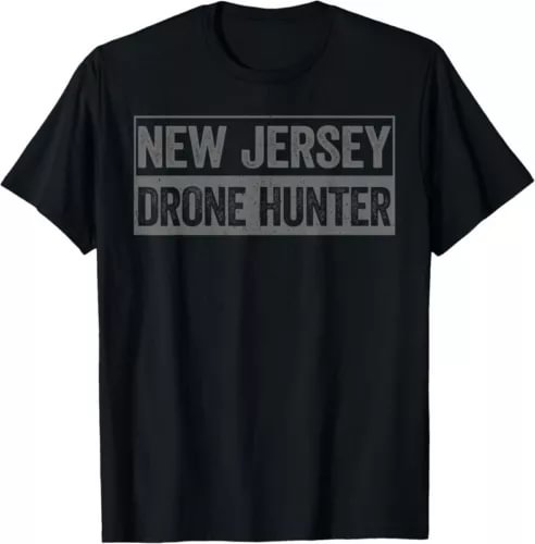 Black unisex T-shirt with New Jersey Drone Hunter graphic on front