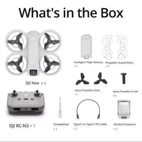 DJI NEO drone combo kit with drone, controller, battery, prop guards, cables