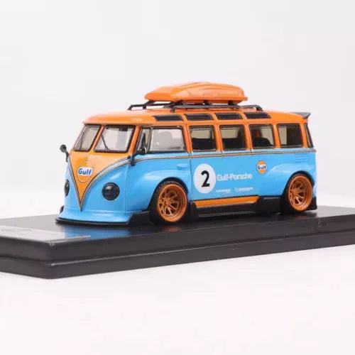 Diecast VW T1 camper van toy, blue with orange stripes and Gulf graphics, side view