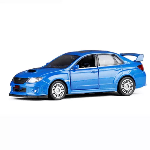 Blue diecast pull-back model car, front three-quarter view, white wheels