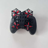 Quadcopter drone with red propellers and built-in controller