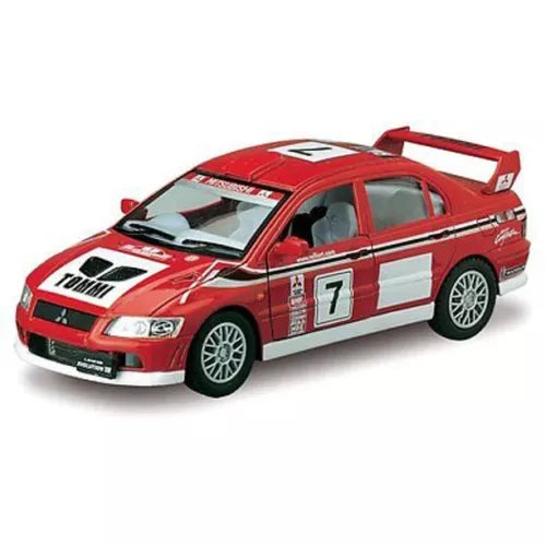 Red white diecast rally model car with number 7 and rear spoiler