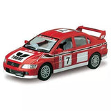 Red white diecast rally model car with number 7 and rear spoiler