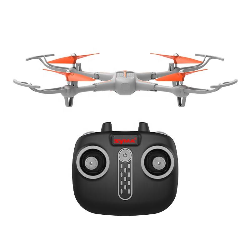 Mini quadcopter drone with orange accents, gray body, and black remote controller