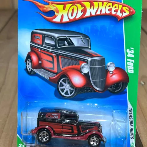 Hot Wheels 1:64 diecast '34 Ford Delivery toy car, red and black with chrome grille