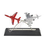 Die cast aircraft model with red and silver planes on black display base