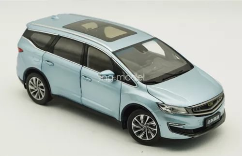1/18 scale Geely Jiaji MPV blue diecast car model, front 3/4 view, black wheels