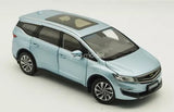 1/18 scale Geely Jiaji MPV blue diecast car model, front 3/4 view, black wheels
