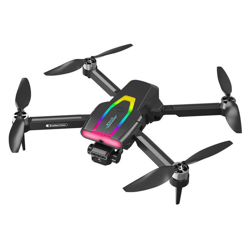 Quadcopter RC drone with four propellers and mounted camera, black body with screen