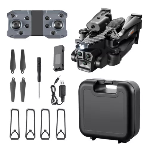 Triple camera RC quadcopter drone with obstacle avoidance, carrying case and spare parts