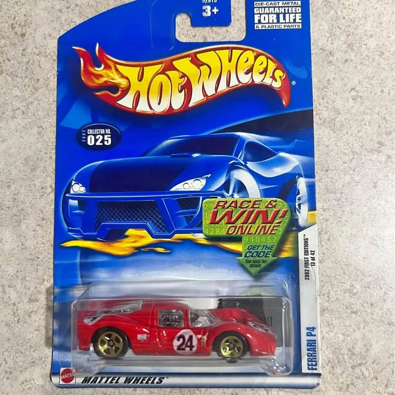 Red diecast race car with number 24, in blister Hot Wheels packaging
