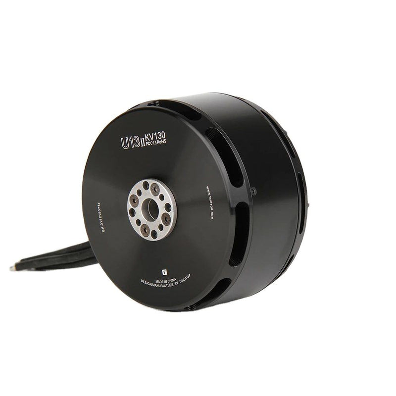 Black metal alloy drone motor with circular housing and connector wires