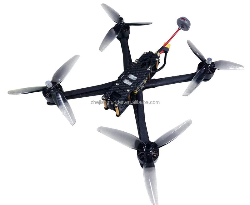 Quadcopter drone with four propellers and visible onboard electronics