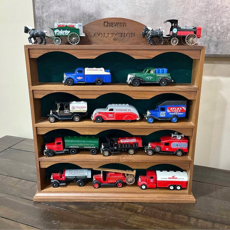 Chevron collectible diecast car set with wooden display rack and multiple miniature cars