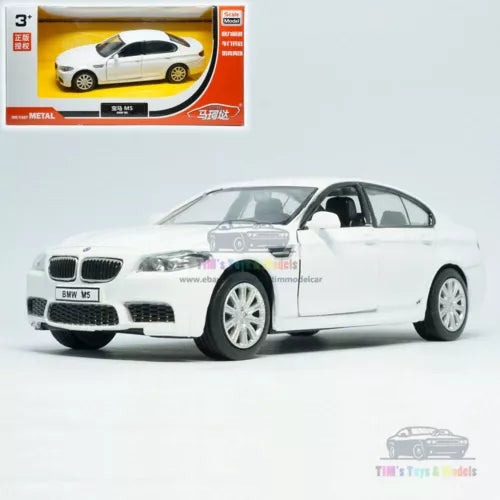 White BMW M5 diecast model car, alloy sedan toy with front-left view