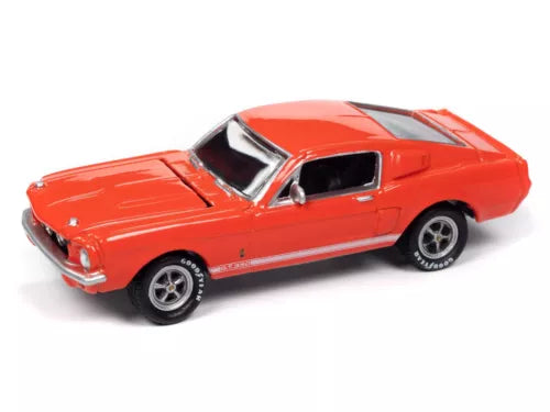 Candyapple orange 1:64 scale diecast Shelby GT-350 toy car, side view with black accents