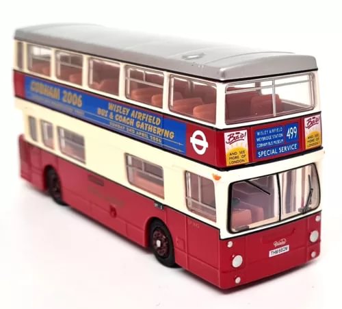Red and cream diecast double-decker bus model with detailed front and side windows
