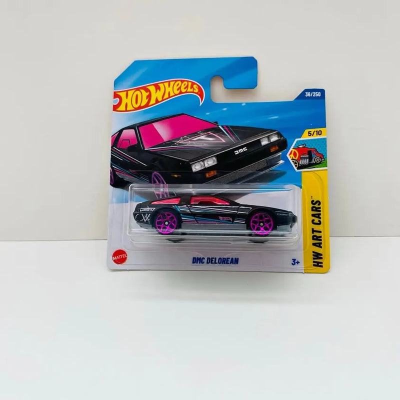 Black and pink diecast DeLorean car on short Hot Wheels card, 5/10, Art Cars 36/250
