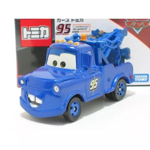 Blue diecast tow truck car model with eyes and smile, number 95 on door