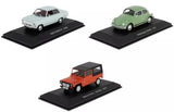 Lot of 3 miniature diecast cars, light green, white, and red on display bases