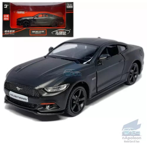 Black diecast model car of a Ford Mustang GT, front three-quarter view