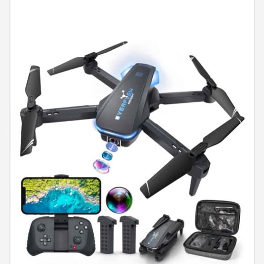 Foldable quadcopter drone with camera, remote controller, extra batteries and carrying case