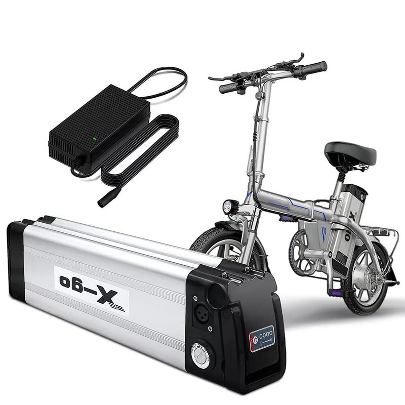 E-bike lithium ion battery pack, silver with black ends and display buttons
