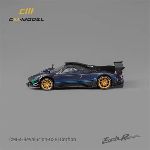 1:64 diecast Pagani Zonda Revolution coupe model in blue and black with gold wheels