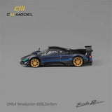 1:64 diecast Pagani Zonda Revolution coupe model in blue and black with gold wheels