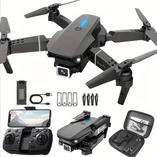 Foldable RC drone with dual cameras, propellers, and remote controller set