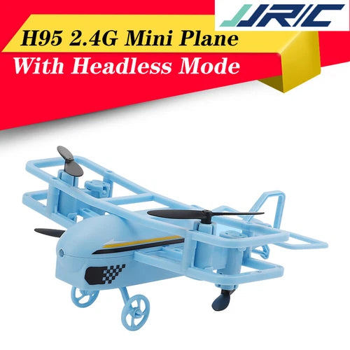 Light blue RC mini plane toy drone with black propellers and landing gear