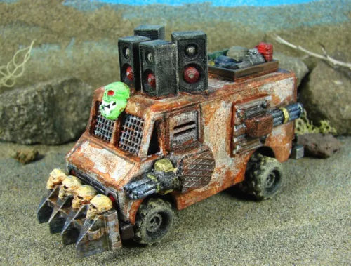 Rusty orange-brown custom diecast ice cream truck with green-faced front accessory