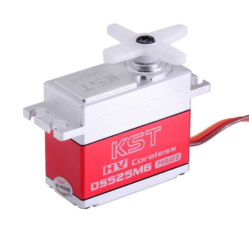 High voltage servo with metal case, red body, and white 4-blade output horn