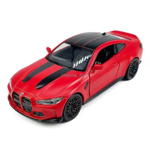 1:36 BMW M4 CSL diecast model car, matte red with black hood stripes