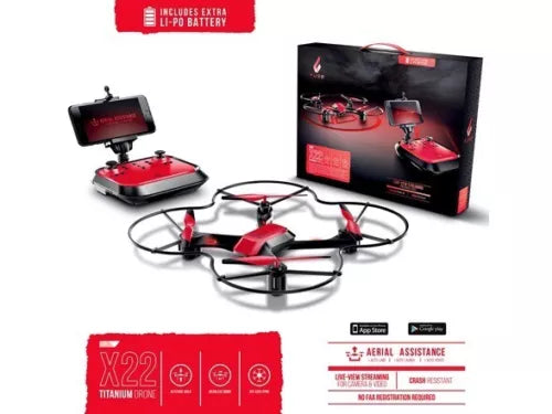 Red and black quadcopter drone with controller and product box