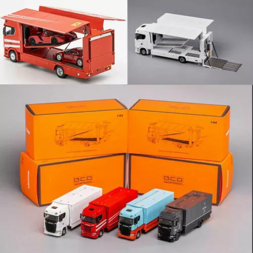 Diecast tow truck transporter model set with four trucks in orange box