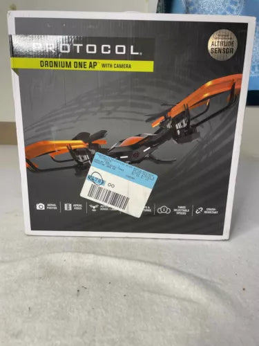 Orange and black quadcopter drone with altitude sensor, in retail box