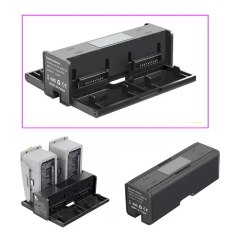 Black battery charger hub with multi-slot dock and connectors for RC drone batteries