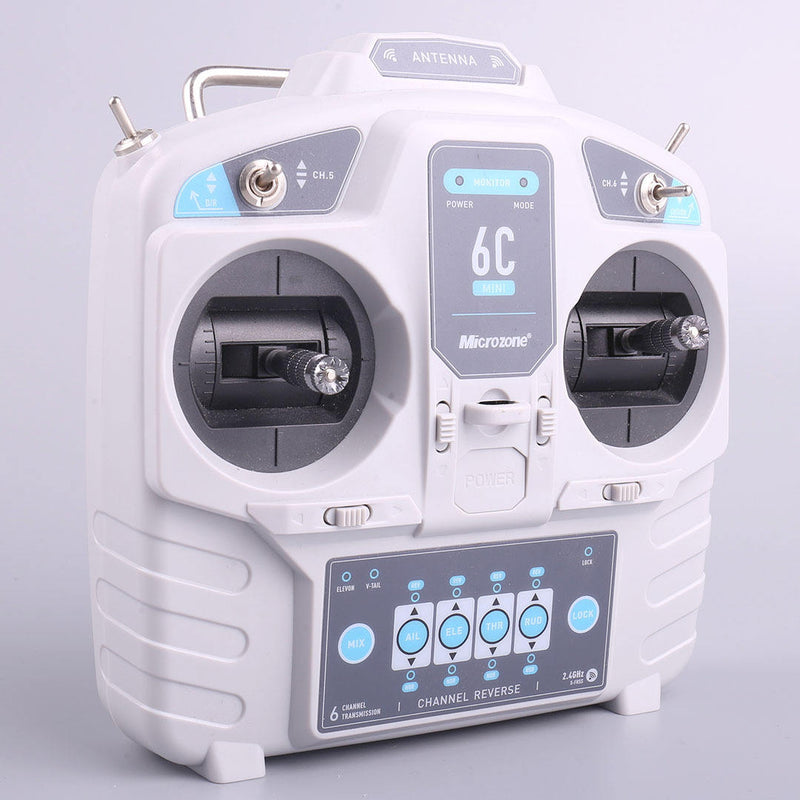 White 6-channel mini remote controller for drones with dual control sticks and display
