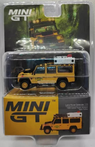 1:64 Mini GT diecast Land Rover Defender 110 toy, yellow SUV with roof rack and spare tire