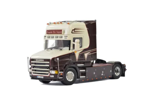 Die-cast truck tractor model with dark brown cab and open fifth-wheel chassis