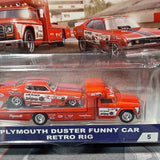 Boxed diecast Plymouth Duster Funny Car retro rig, orange and red in clear case