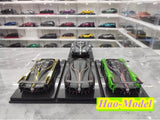 1/18 Pagani Huayra R diecast model car set with green, yellow, gray cars on stands
