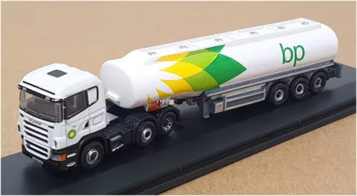 White N gauge tanker truck model with bp logo and multi-axle trailer, Scania cab