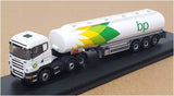 White N gauge tanker truck model with bp logo and multi-axle trailer, Scania cab