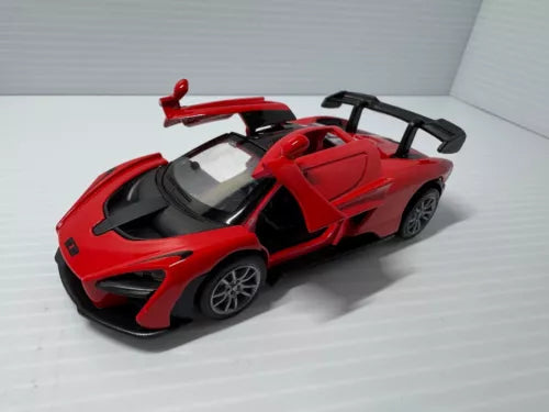 Red diecast sports car model with black accents and detailed wheels