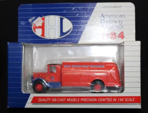 GULF gasoline tanker truck model, red and blue diecast in display box