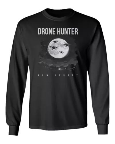 Black long sleeve T-shirt with Drone Hunter graphic and moon over New Jersey