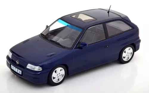 Blue 1992 diecast model car with black windows, front hood and side view